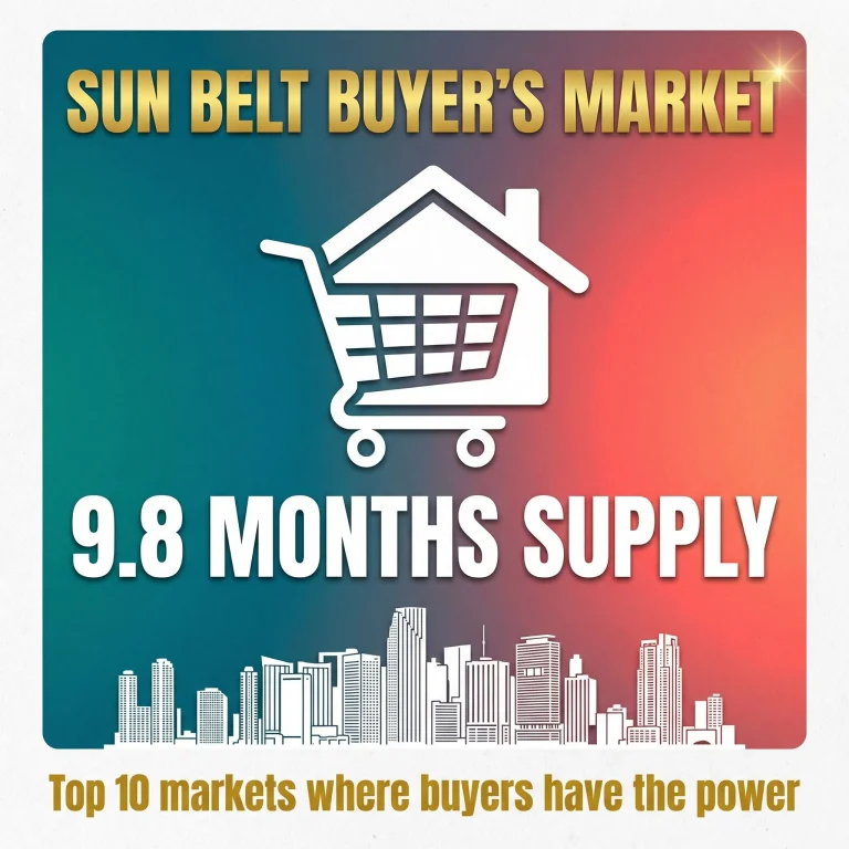 Infographic showing Sun Belt buyer's market with 9.8 months supply, featuring house icon merged with shopping cart symbolizing buyer power, Miami skyline silhouette, teal and coral gradient background, text reads 'Top 10 markets where buyers have the power