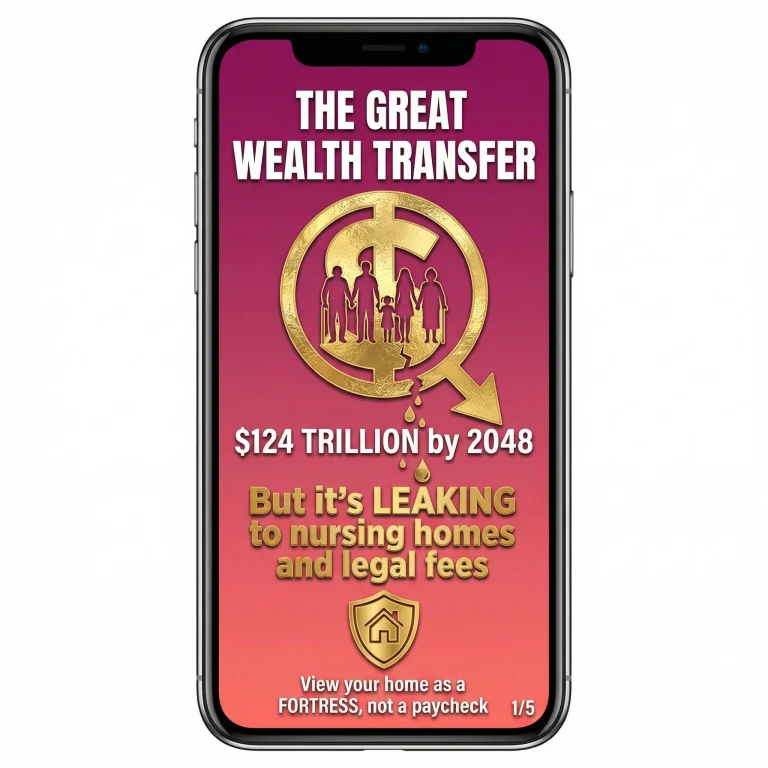 Infographic showing the Great Wealth Transfer with magenta and coral gradient background, large gold dollar sign containing three-generation family silhouettes with downward arrow showing leak, text reads '$124 TRILLION by 2048' and 'But it's LEAKING to nursing homes and legal fees', shield icon protecting house, text 'View your home as a FORTRESS, not a paycheck