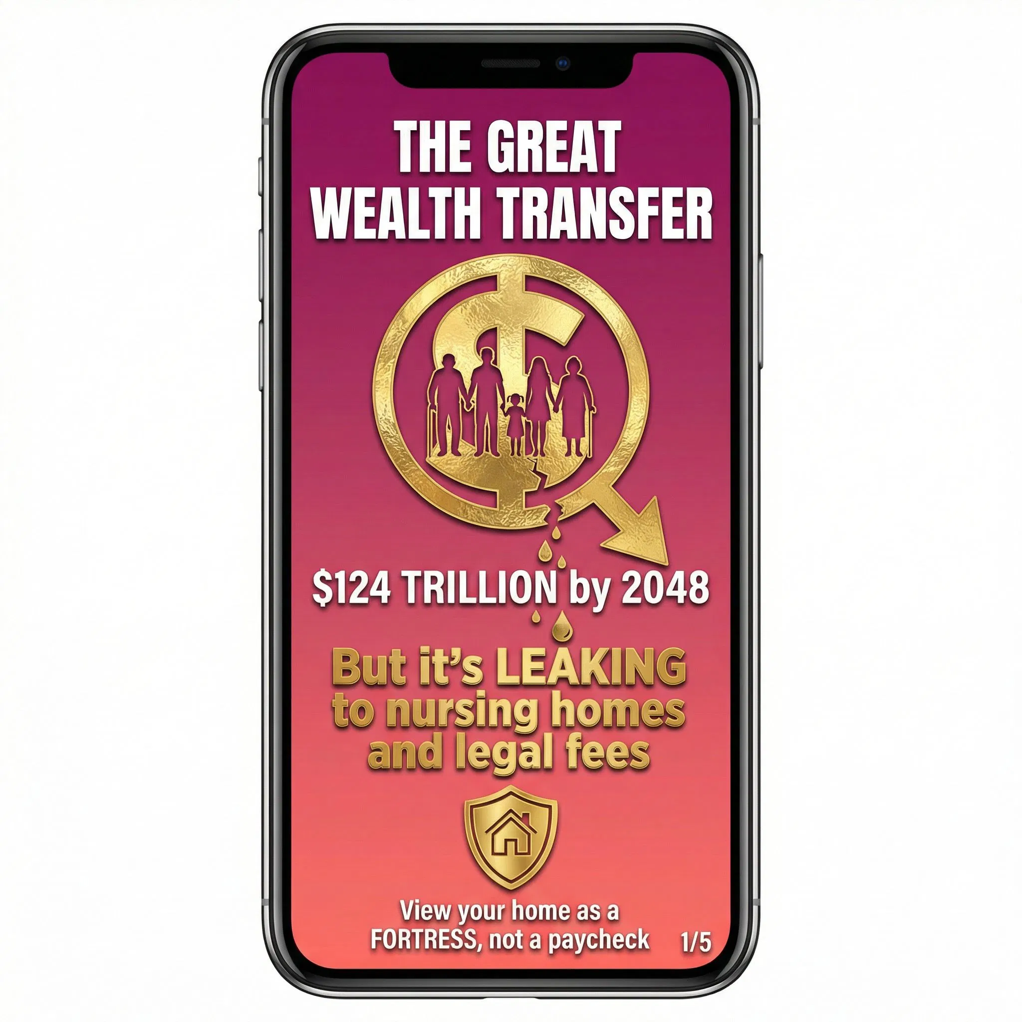 Infographic showing the Great Wealth Transfer with magenta and coral gradient background, large gold dollar sign containing three-generation family silhouettes with downward arrow showing leak, text reads '$124 TRILLION by 2048' and 'But it's LEAKING to nursing homes and legal fees', shield icon protecting house, text 'View your home as a FORTRESS, not a paycheck