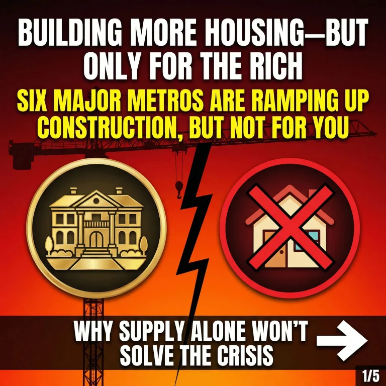 Housing crisis infographic: Six major metros building luxury homes not affordable housing, with construction statistics and missing middle housing data 2026