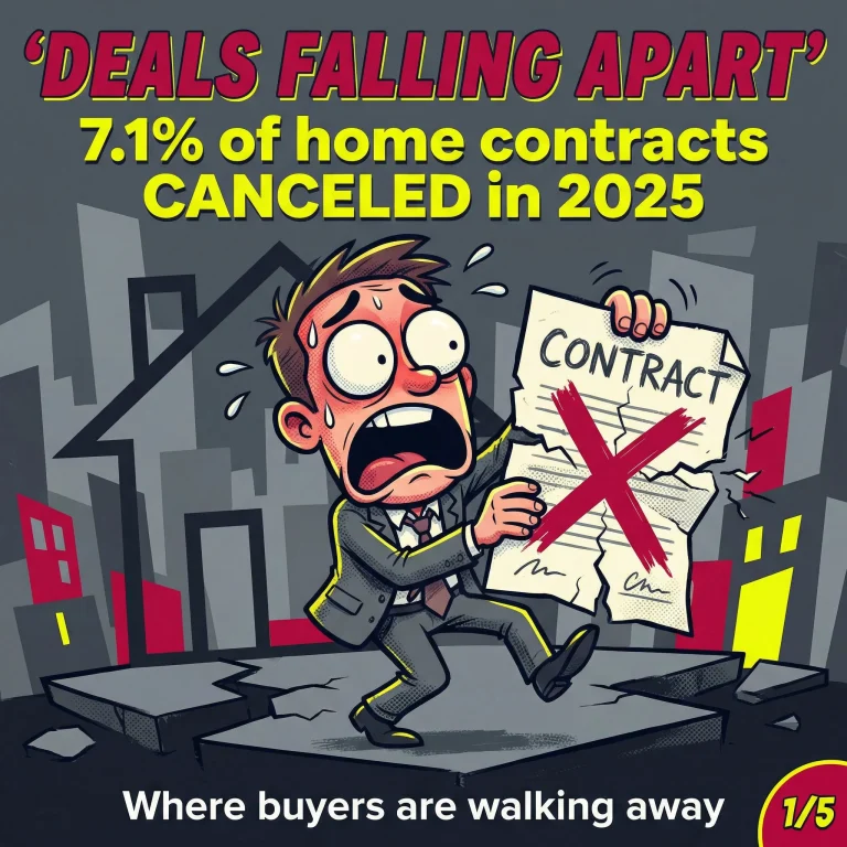 Caricature illustration showing stressed buyer with wide eyes holding crumpled contract with red X mark, text reads 'Deals Falling Apart, 7.1% of home contracts canceled in 2025, where buyers are walking away