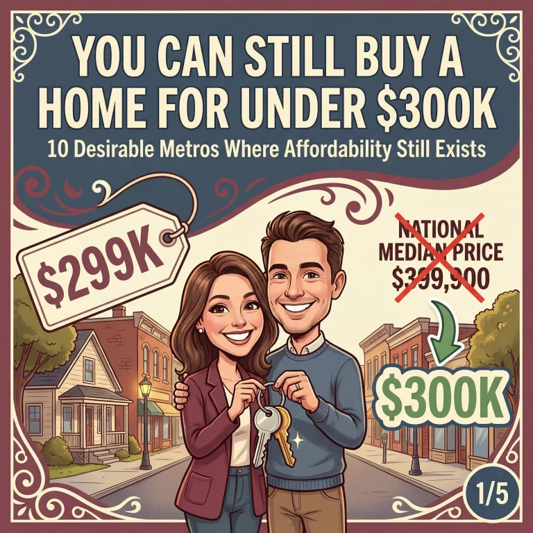 Caricature infographic showing happy couple holding house keys in front of small-town main street with price tag showing $299K, national median $399,900 crossed out in red, text reads 'You Can Still Buy a Home for Under $300K - 10 Desirable Metros Where Affordability Still Exists
