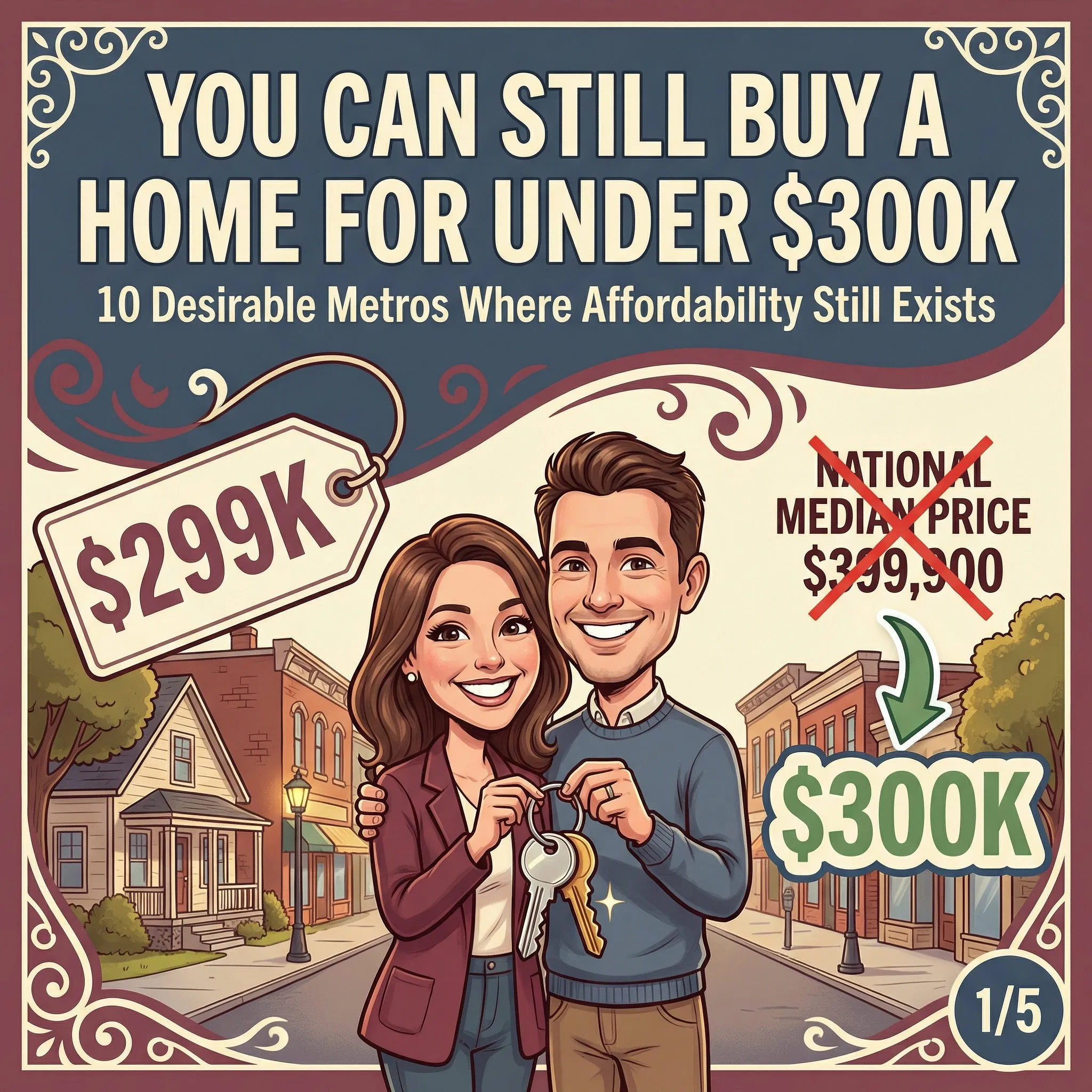 Caricature infographic showing happy couple holding house keys in front of small-town main street with price tag showing $299K, national median $399,900 crossed out in red, text reads 'You Can Still Buy a Home for Under $300K - 10 Desirable Metros Where Affordability Still Exists